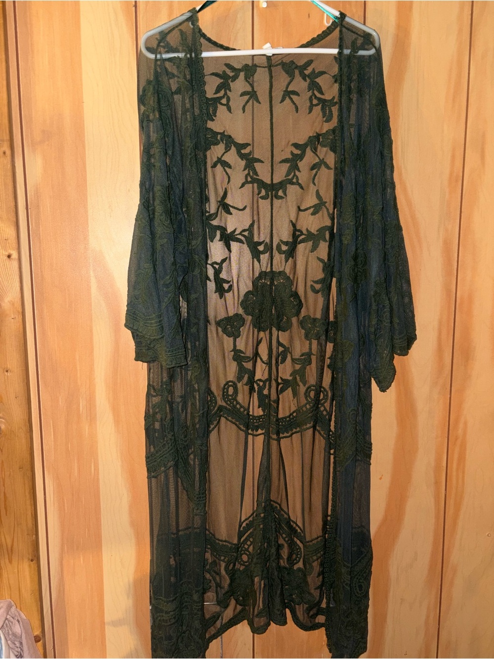 Sheer Embroidered Kimono Robe - drk green 1XL